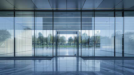 Contemporary building entrance with expansive glass walls and smooth sliding glass doors.