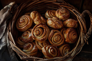Moody imagery with a basket full of richly golden cinnamon swirl pastries amidst shadows