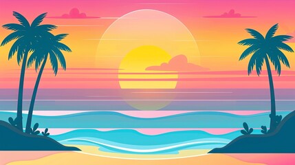 Fototapeta na wymiar Beach sunset background illustration with palm trees and ocean waves, using a flat design with simple shapes and colors