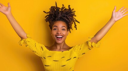 Photo of excited funky woman wear cow skin top plump lips showing arms scales empty space isolated yellow color background - obrazy, fototapety, plakaty