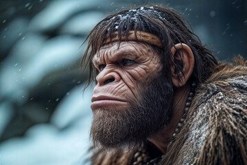 Close-Up of a Neanderthal’s Face Covered in Snow Depicting Ancient Winter Survival.