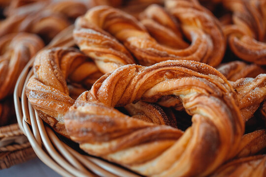 A close-up capture of enticing twisted breads with sugar topping, held in a charming woven basket