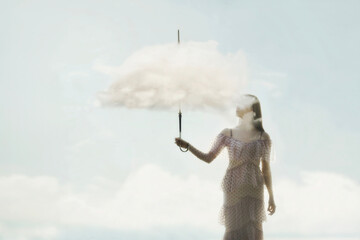 woman holds a surreal umbrella made of clouds, abstract concept