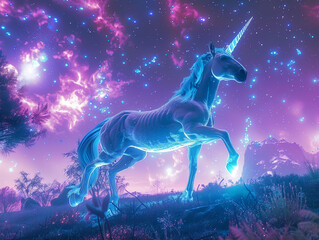 Unicorn in VR Gallops across cosmic realms, its magic intensified in starlit virtuality , hyper realistic, low noise, low texture