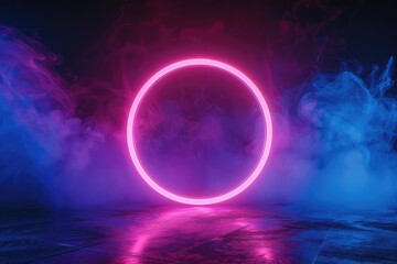 Circle Abstract. Three-Dimensional Neon Frame in Blue and Pink for Ultraviolet Light Background
