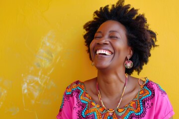 Attractive Woman Smiling. Happy African American Woman in Pink Clothes Laughing and Ecstatic on Yellow Background - obrazy, fototapety, plakaty