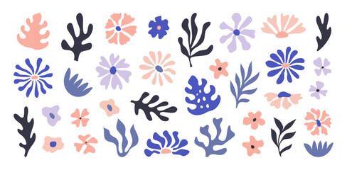 Collection of abstract flowers, organic nature shapes and exotic tropical leaves in trendy Matisse art style. Contemporary art floral collage. Modern vector summer design for cards, textile, posters. - obrazy, fototapety, plakaty