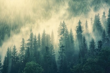 Forest Mountain Landscape. Misty Fir Forest in Hipster Vintage Style