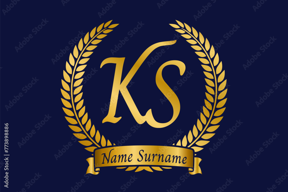 Wall mural initial letter k and s, ks monogram logo design with laurel wreath. luxury golden calligraphy font.