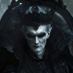 Vampire as king Vampire with a dark crown, reigning from a gothic throne, embodying nocturnal elegance and ageless dominion , hyper realistic, low noise, low texture