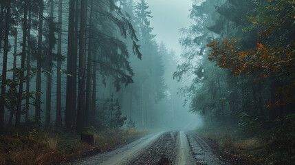Obraz premium A foggy forest road, with tall trees on either side creating an ethereal and enchanting atmosphere, inviting travelers to embrace the mystery of the journey.