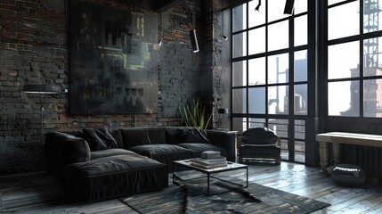 Interior Design Art. Loft Living Room with Black Sofa and Industrial Style Furniture