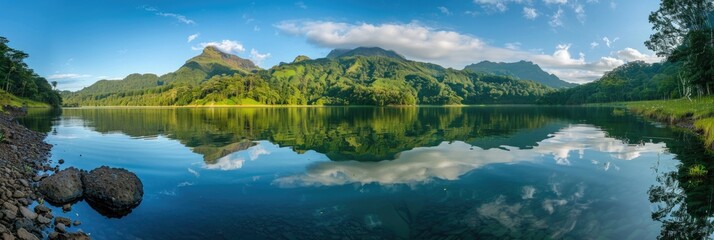 Fototapeta na wymiar Nature Landscape Lake. Panoramic View of Volcanic Mountain Reflecting in Calm Waters