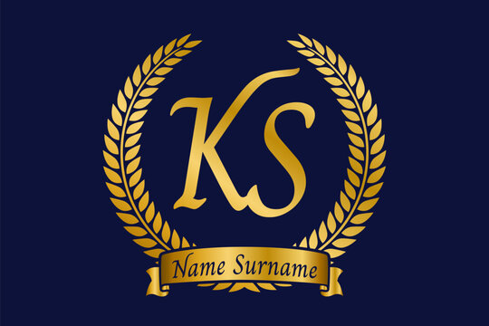 Initial letter K and S, KS monogram logo design with laurel wreath. Luxury golden calligraphy font.