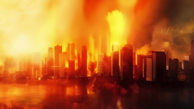 An artistic representation of a flame engulfing a cityscape. This image symbolizes the dangerous consequences of our current urban development practices where the heat island