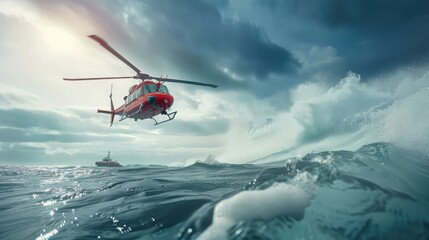 Red Coast Guard helicopter in action over the ocean, flying above a rescue boat with its rotor spinning, showcasing emergency air transportation and maritime operations