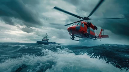 Selbstklebende Fototapeten Red Coast Guard helicopter in action over the ocean, flying above a rescue boat with its rotor spinning, showcasing emergency air transportation and maritime operations © sania