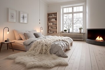 Area Rug Bliss: Cozy Scandinavian Bedroom Inspirations with Warm Flooring