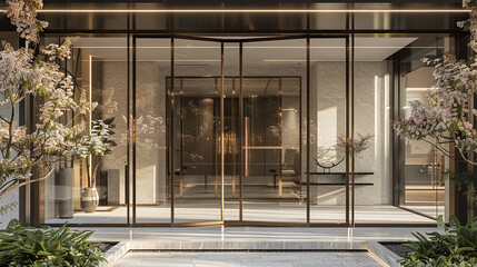 Luxurious villa entrance adorned with transparent glass panels and sliding glass doors.