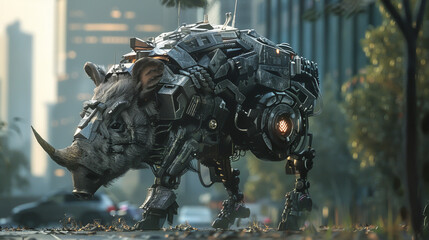 Wild boar robot in city Rugged boar robot, with offroad capabilities, roams city outskirts, symbolizing untamed nature meeting urban life , hyper realistic, low noise, low texture - obrazy, fototapety, plakaty