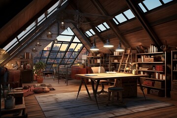 Rustic Industrial Loft Office: Cozy Warm Lighting Vibes
