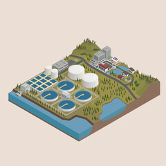 water treatment plant clarifier supply to city with isometric graphic