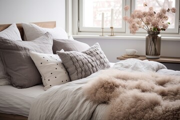 Fototapeta na wymiar Cozy Scandinavian Bedroom Inspirations: Soft Textiles and Fabrics Haven