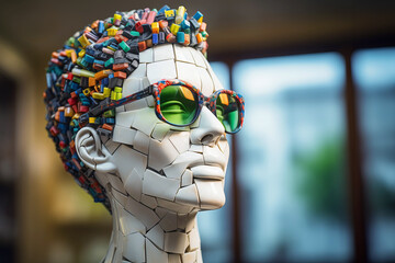 Sculpture of a head made with keyboard keys and colorful sunglasses.