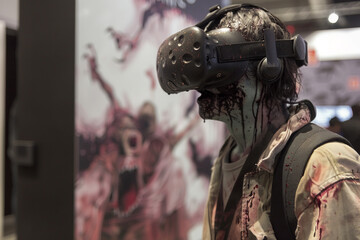 Zombie in VR Roams postapocalyptic simulations, merging undead lore with dystopian virtual worlds , hyper realistic, low noise, low texture