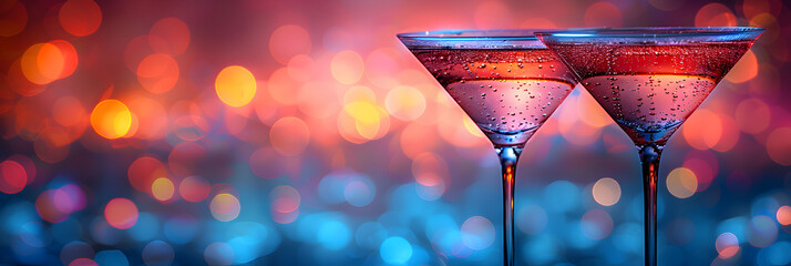 Martini glasses in the background of a night dis,
Martini cocktail drink with ice cubes in neon iridescent pink and blue colors  - obrazy, fototapety, plakaty