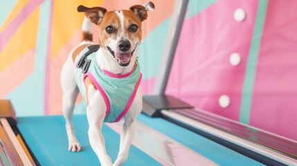 Energetic Jack Russell Terrier exercising on a treadmill with colorful gym background in a pet...