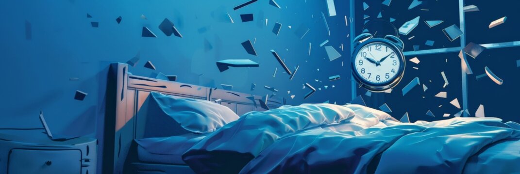 Destruction of time and sleep, exploding clock above a restless bed.