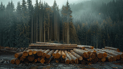 A wide panoramic view of a forest, showcasing towering pine and spruce trees, with a pile of log trunks evidencing the logging timber wood industry