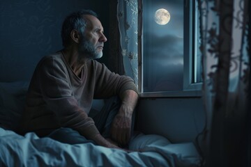 Elderly man contemplating the night sky, reflecting on sleeplessness.