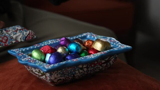 Colorful Ramadan Feast Candy and Chocolate Video in Traditional Ottoman Cuisine Desserts, Eid Celebration Video Among Family with Cologne and Chocolate, &Uuml;sk&uuml;dar Istanbul, Turkiye (Turkey)