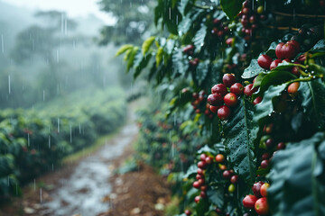 Fototapeta premium Coffee bushes with ripe coffee beans in the rain. Generated by artificial intelligence