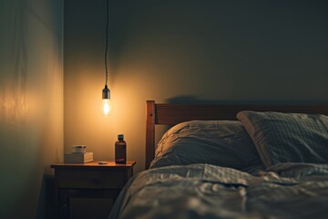 Dimly lit bedroom scene, a single lightbulb representing hope in insomnia. - obrazy, fototapety, plakaty