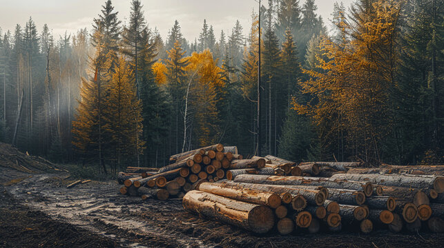 A wide panoramic view of a forest, showcasing towering pine and spruce trees, with a pile of log trunks evidencing the logging timber wood industry