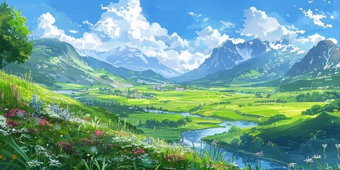 A picturesque mountain landscape with a river flowing through it, surrounded by lush greenery and colorful wildflowers, evoking a sense of serenity and tranquility. Generative AI