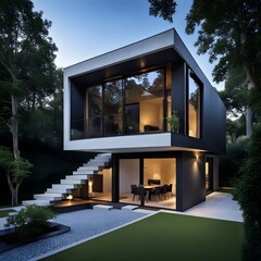 beautiful modern architect house with different floors located and pool in the garden 