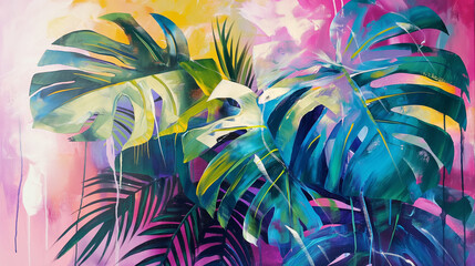 Oil painting of tropical leaves in vibrant colors