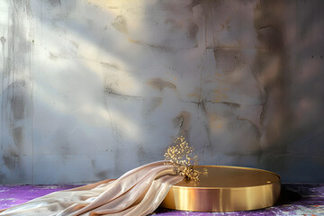 Golden circle podium with silk and flowers on concrete background.