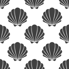 Seamless pattern of scallop seashells. Black silhouette of seashells on a white background. Vector