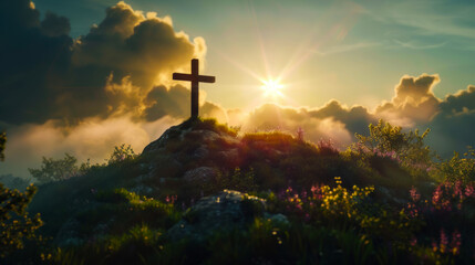 holy saturday cross on top of mountain with sky background	
