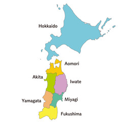 北海道と東北地方の各県の地図、アイコン、英語の県名入り