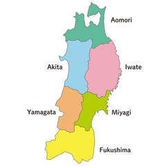 東北地方の各県の地図、アイコン、英語の県名入り