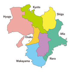 近畿地方の各県の地図、アイコン、英語の県名入り