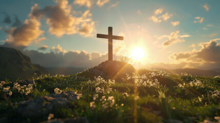 holy saturday cross on top of mountain with sky background