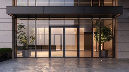 Modern urban building entrance with transparent glass walls and sliding glass doors.