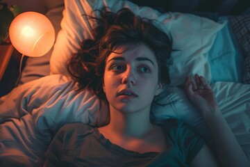 Restless young woman in bed with a concerned look, room bathed in lamp light - obrazy, fototapety, plakaty
